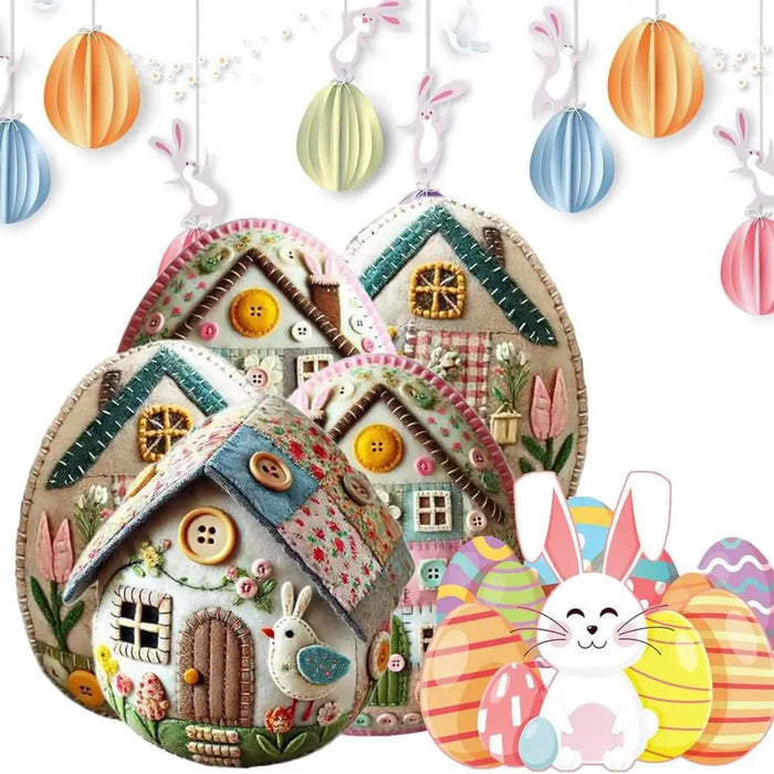 Patchwork Egg House Kit Easter Decor Basket Filler DIY Patchwork Felt Egg House Craft Kit Embroidered Felt Easter Egg Package