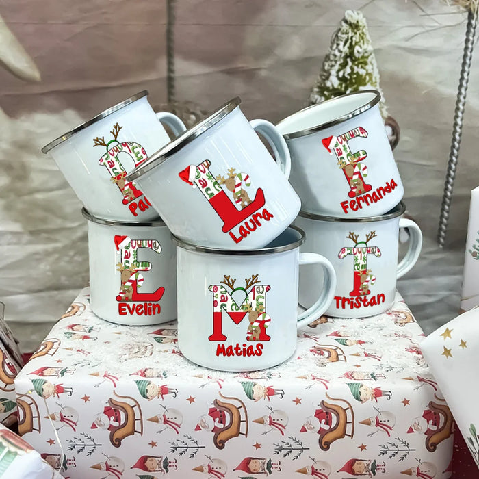 Personlized Reindeer Initial with Name Enamel Cups Christmas Hot Chocolate Mug