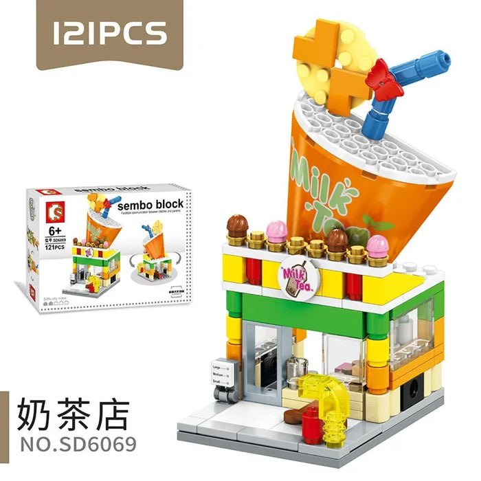 Milk tea shop building block model with drink cup roof, 121 pieces
