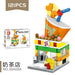 Milk tea shop building block model with drink cup roof, 121 pieces