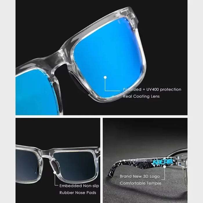 Mirrored blue polarized lens, rubber nose pads and logo temple details