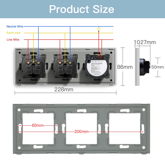 Bseed EU Standard 1/2/3Gang Light Touch Switches Home Wall Switches Gray Glass Sensor Switches Type-c USB Power Charge Sockets