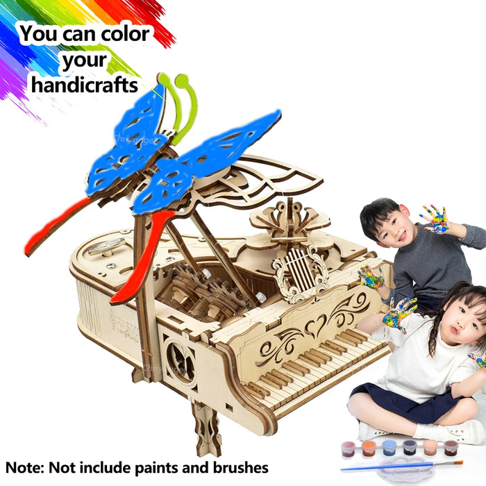Painted wooden piano music box with a blue butterfly, paints not included