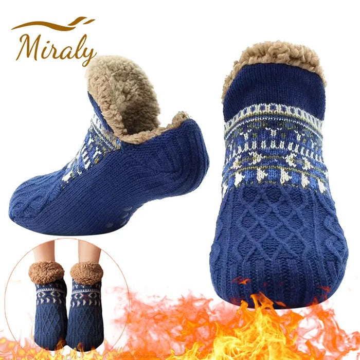 Blue Fair Isle slipper socks showing the warm lining