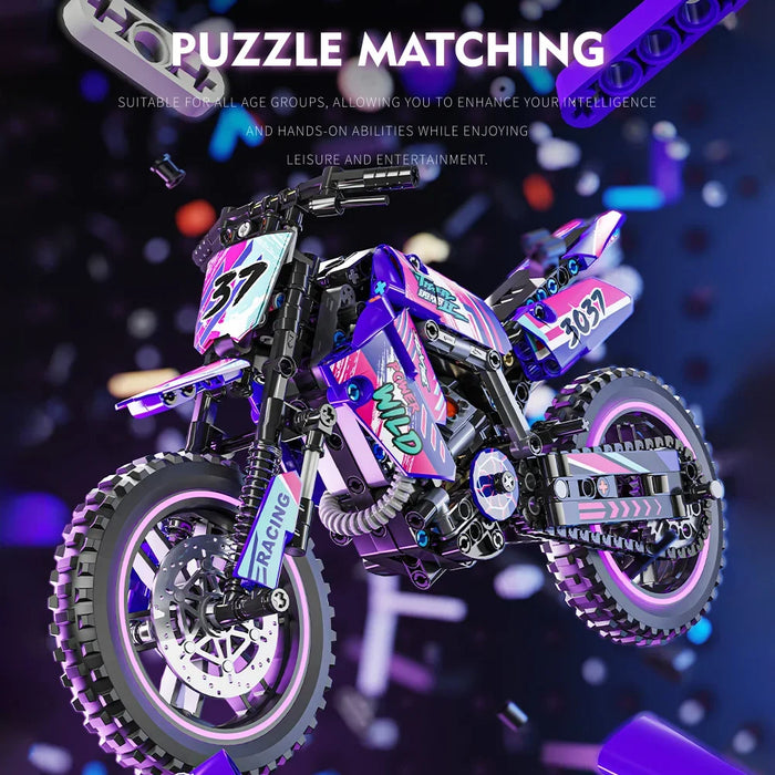 Purple dirt bike building block model on a dark background