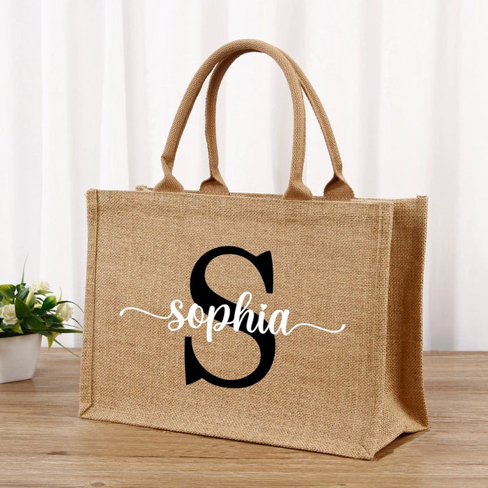 Personalized Name Large Jute Handbag Tote Bag