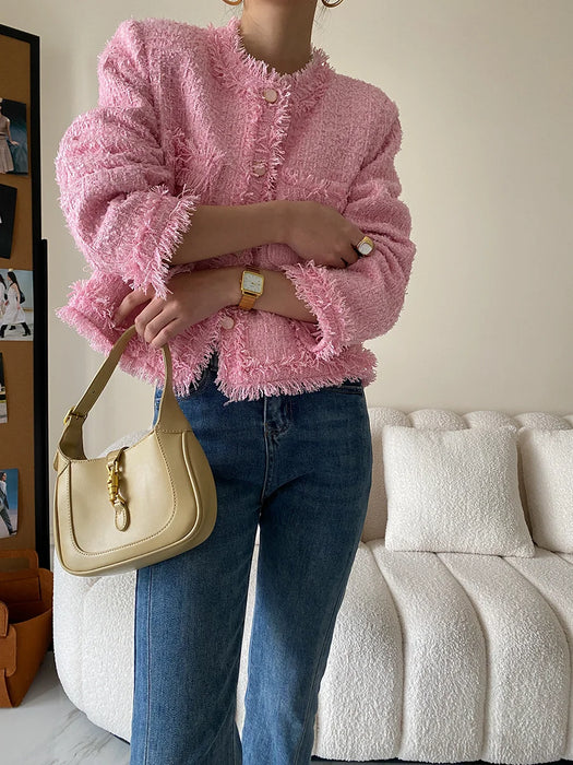 Pink Fringe Fur Shoulder Pad Tweed Jacket Blazer Boucle Crop Coat