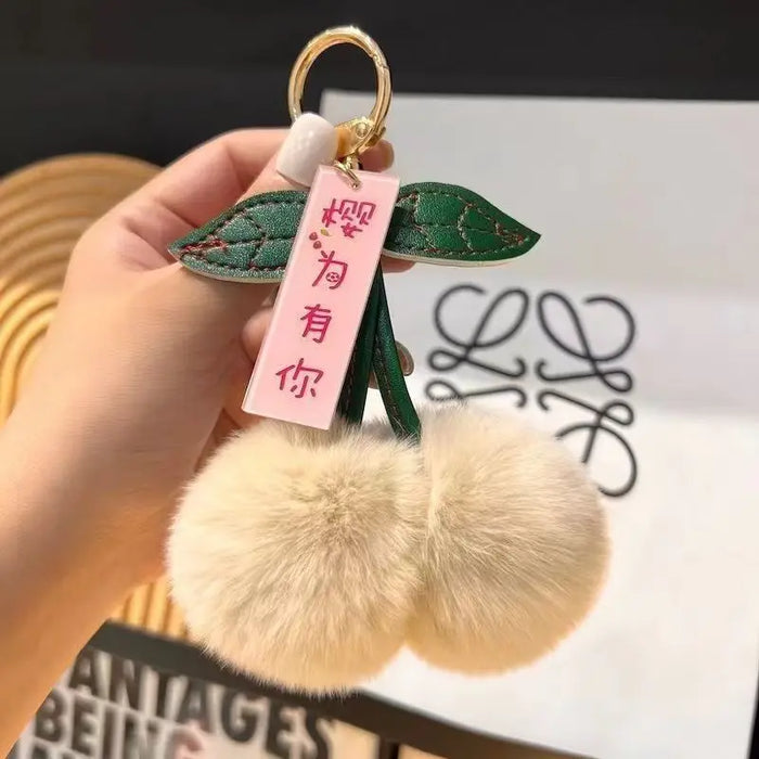 Cute Soft Fluffy Red Rabbit Fur Ball Pompom Leaf Keychain Cherry Key Chain Bag Key Car KeyChains Dec Pendant Gift