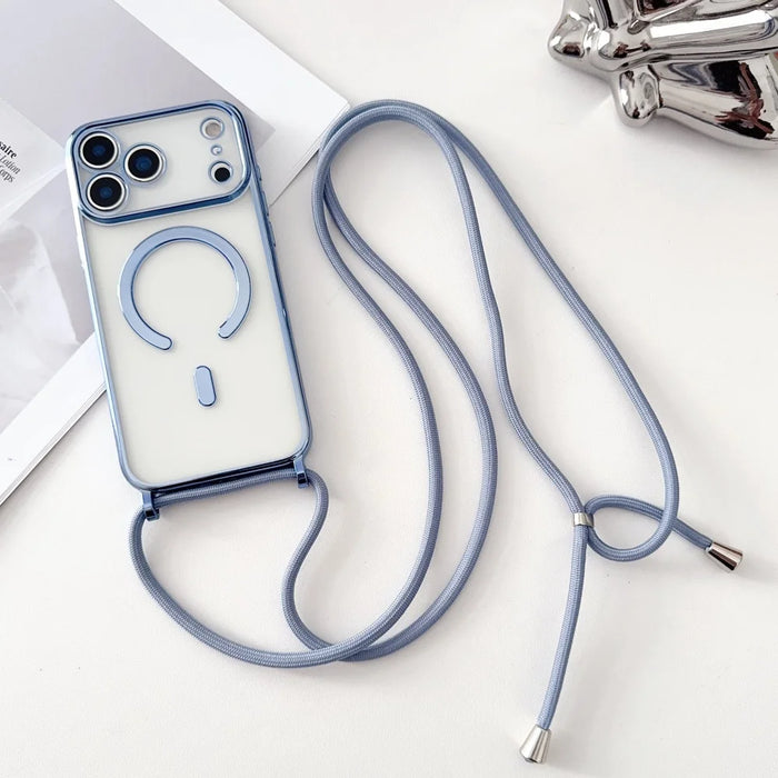 Luxury Necklace Cord Rope Lanyard Plating Magnetic Clear Phone Case For iPhone 17 16 14 11 12 13 15 Pro Max For Magsafe Cover