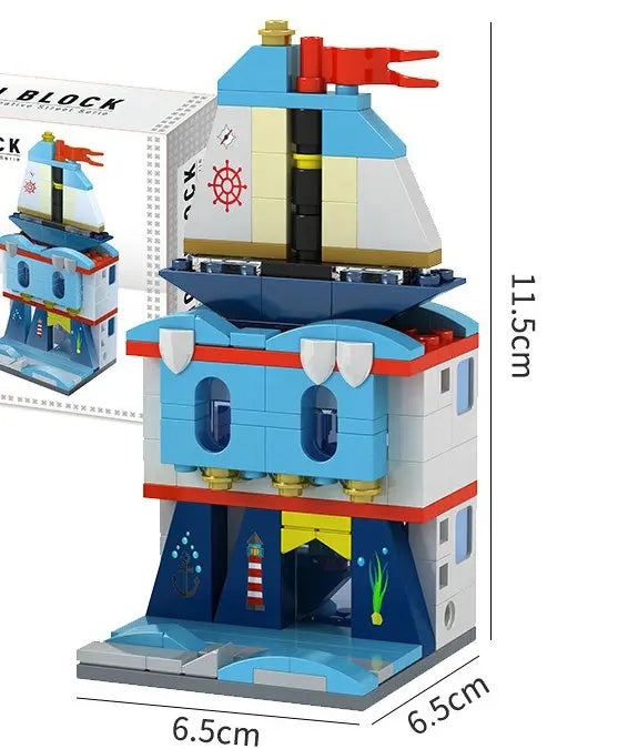 Blue seaside shop building block model with sailboat roof, 11.5 cm tall