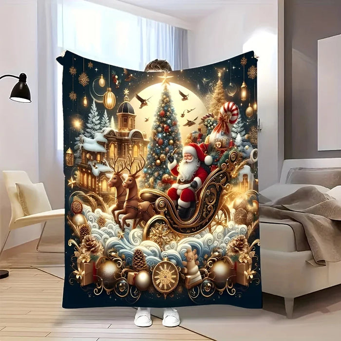 Santa sleigh Christmas blanket held up in a living room