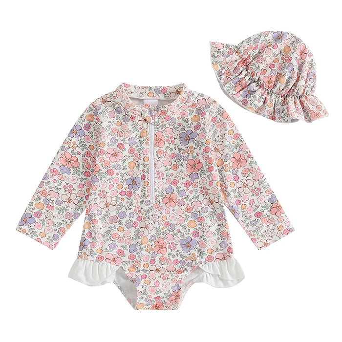 Kids Baby Girl Summer Swimwear Floral Print Backless Ruffles Long Sleeve Bodysuit Bathing Suit Girls Beachwear 0-4 Years