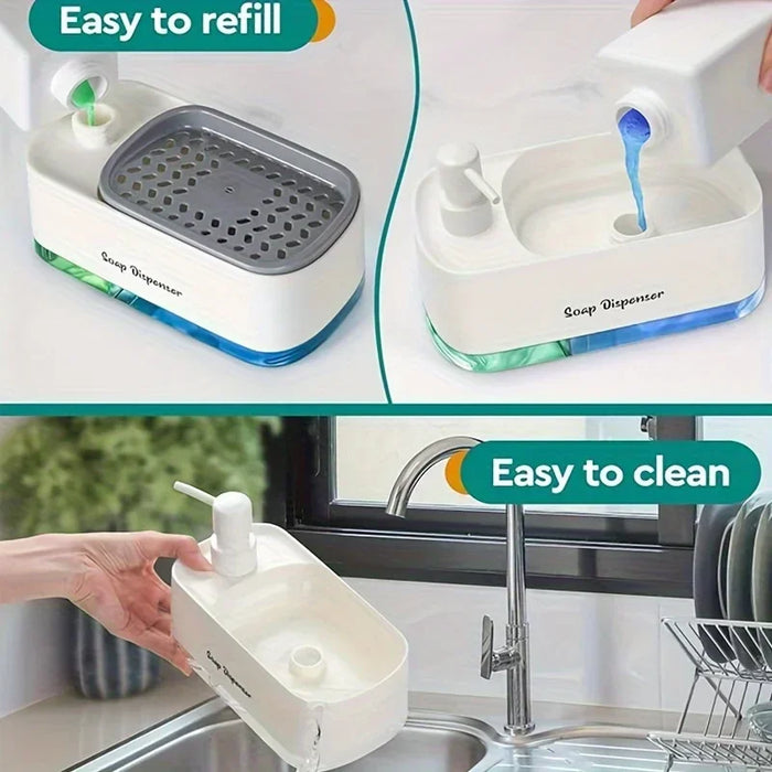 Hand and Dish Soap Dispenser Dual Soap Dispenser with Sponge Holder 3-in-1 Countertop Soap Pump Dispenser for Kitchen Sink