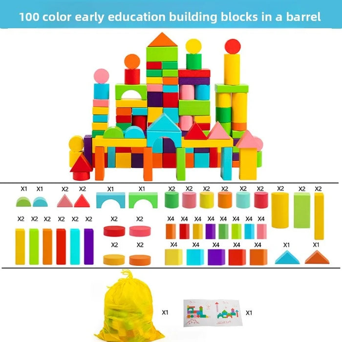 100-piece wooden building block set with piece list, barrel and bag