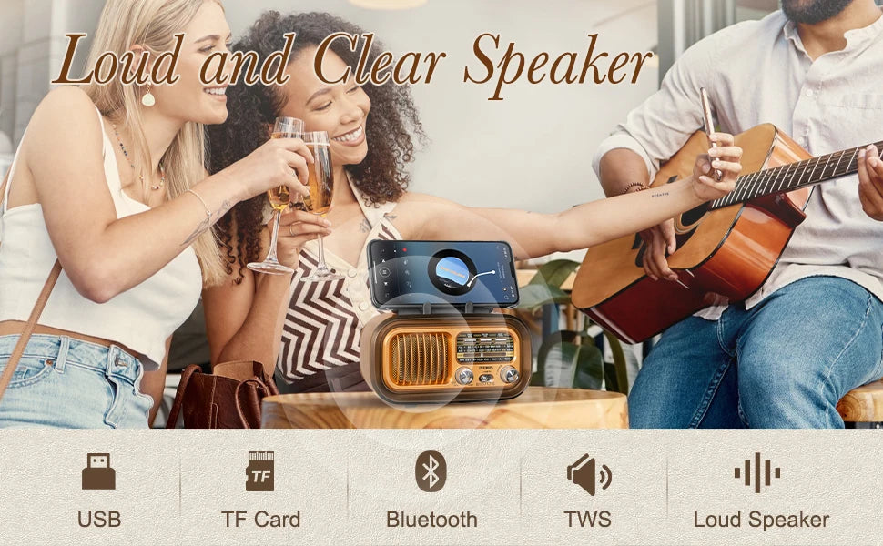 PRUNUS J-150 Retro Vintage Radio Bluetooth, Portable Radio AM FM Transistor Solar/Battery Operated Radio/Rechargeable Radio