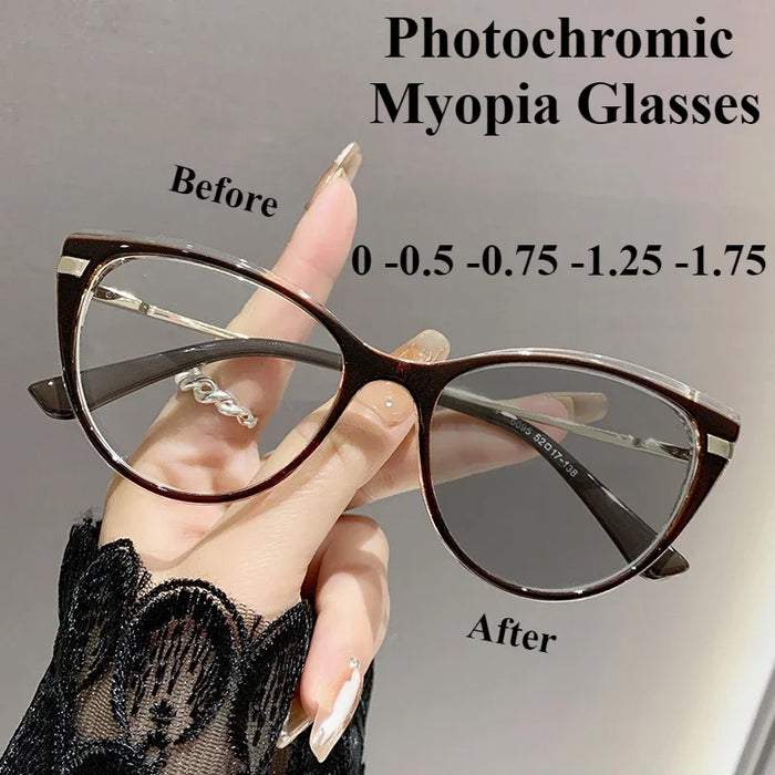Cat Photosensitive Myopia Glasses 0 -0.5 -0.75…Eye Anti Blue Light/myopia Glasses Flat Metal Eyeglass Frame for Myopia Glasses
