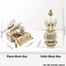 Piano and violin music box sizes: piano 17.5 x 16.5 x 18.5 cm, violin 25.7 cm tall