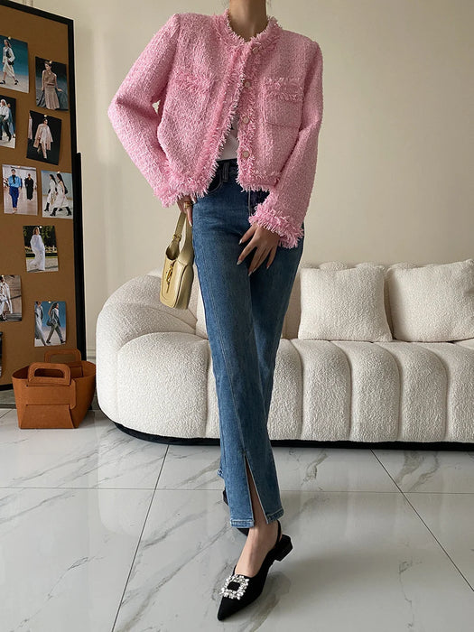 Pink Fringe Fur Shoulder Pad Tweed Jacket Blazer Boucle Crop Coat