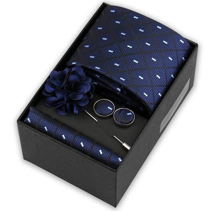 Men's tie gift set, style BBJ-47: tie, pocket square, cufflinks and pins in a gift box