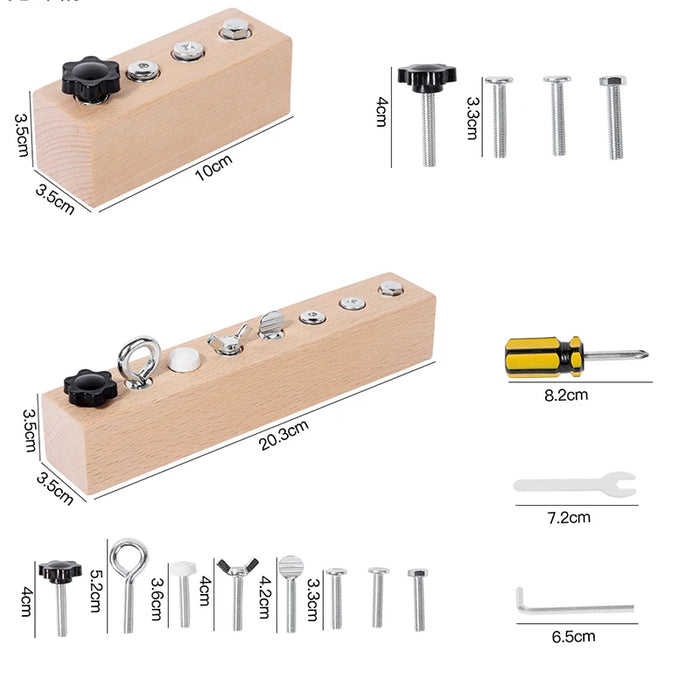 Wooden screw board sizes: short 10 cm, long 20.3 cm, with fastener and tool sizes