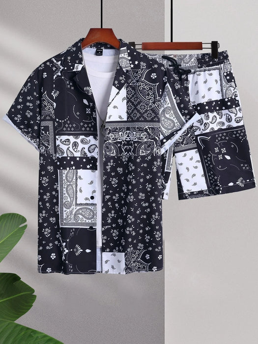 2024 Men Sets Print Patchwork Lapel Short Sleeve Casual Shirt Beach Shorts Summer Streetwear Vacation Hawaiian Suits Men S-5XL