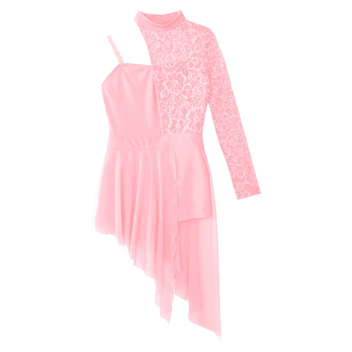 Kids Girl One Shoulder Lyrical Modern Dance Dress Lace Asymmetric Split Ballet Gymnastics Figure Skating Leotard Dress Dancewear