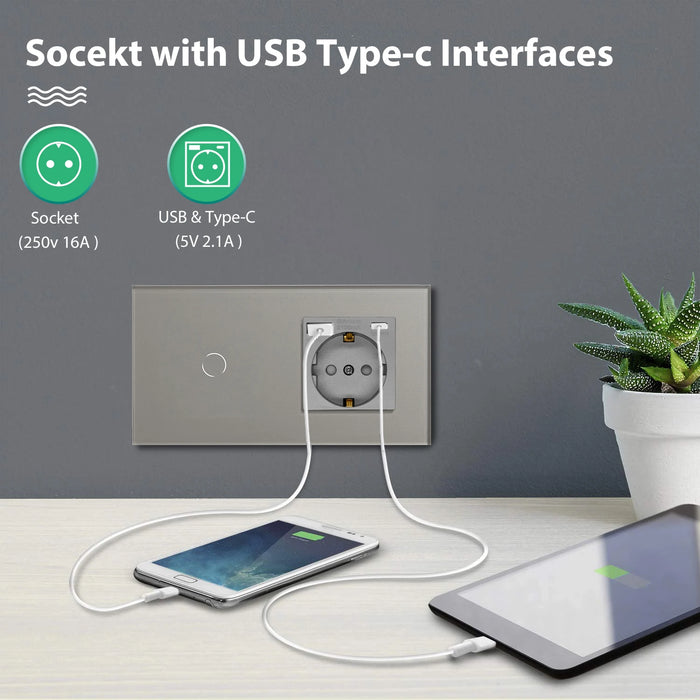 Bseed EU Standard 1/2/3Gang Light Touch Switches Home Wall Switches Gray Glass Sensor Switches Type-c USB Power Charge Sockets
