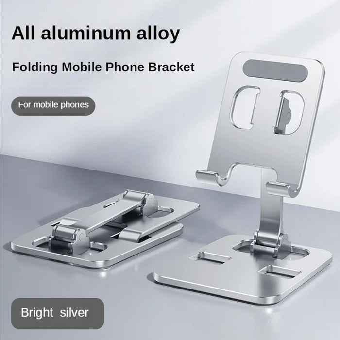 Silver phone stand shown folded flat and open
