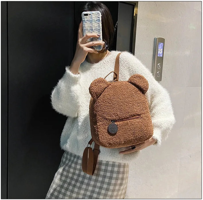 Womens Girls Cute Bear Pattern Backpack Plush