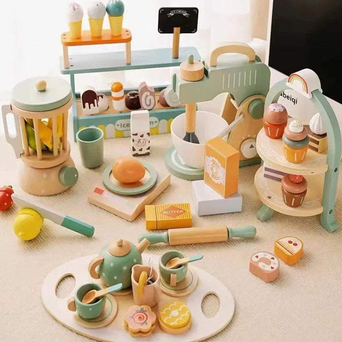 Wooden Simulation Dessert Rack Afternoon Tea Set Toy Pretend Play Food Learning