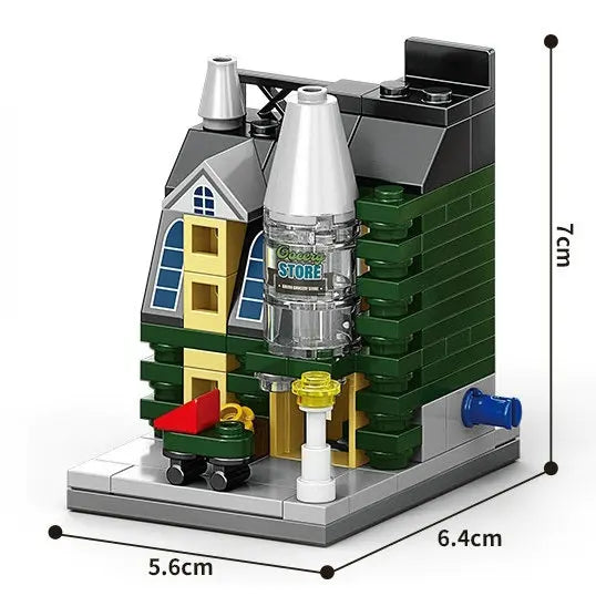 Green store building block model with bottle tower, 7 cm tall