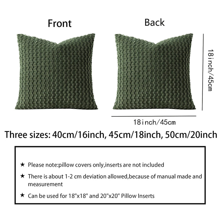 Front and back of a dark green knit cushion cover with size notes
