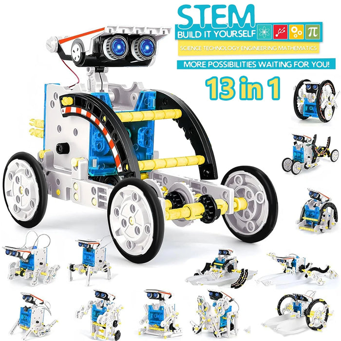 13-in-1 solar robot kit built as a car, with smaller models around it