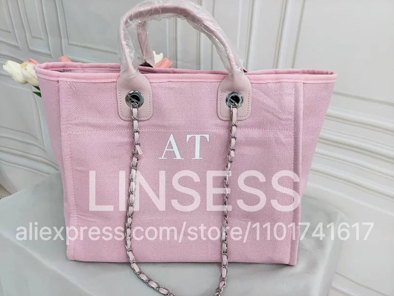 Personalised Chain Monogram Canvas Tote Bag Shoulder Bag