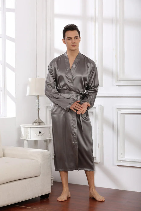 Summer New Men's Ice Silk Bathrobe Robe Men's Pop-Up Section of the Long Section of Cardigan Robe Pajamas Pajamas Home Clothing