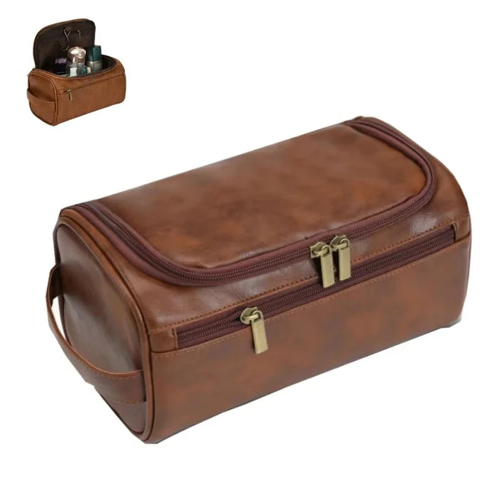 Brown PU leather toiletry bag with a side handle