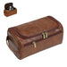 Brown PU leather toiletry bag with a side handle