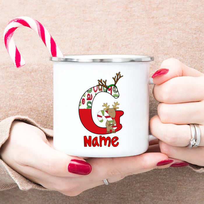 Personlized Reindeer Initial with Name Enamel Cups Christmas Hot Chocolate Mug