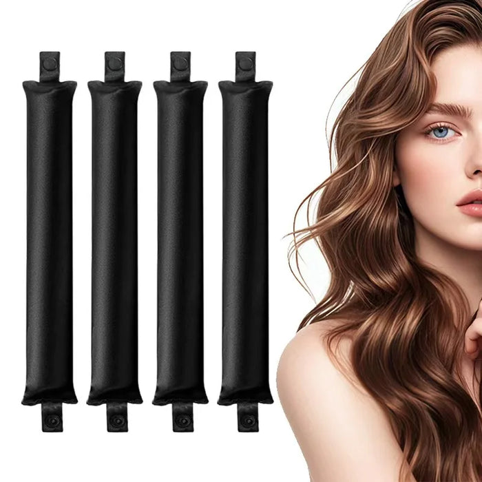 Four black satin curling rods beside a woman with wavy hair