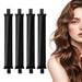 Four black satin curling rods beside a woman with wavy hair
