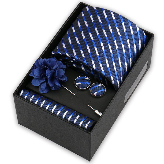 Men's tie gift set, style BBJ-38: tie, pocket square, cufflinks and pins in a gift box