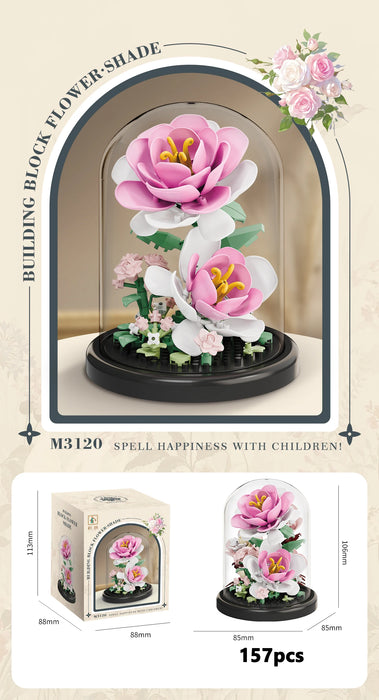 Pink peony bouquet with dome and colour box, 157 pieces