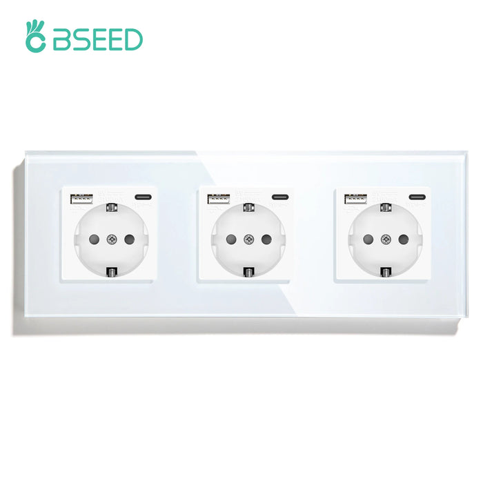 BSEED EU Standard Wall Electrical Sockets Type-C Outlets Wall Power Socket USB Charge Port Glass Panel Kids Protection 16A