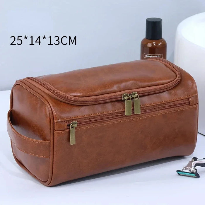 Brown PU leather toiletry bag, about 25 x 14 x 13 cm