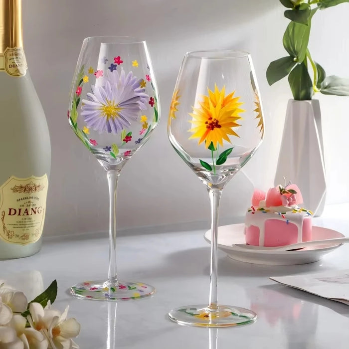 1 Piece Hand Painted Glass Goblet Cup Creative Red Wine Glasses Whisky Cup Flower Painted Stemware for Wedding Party Events