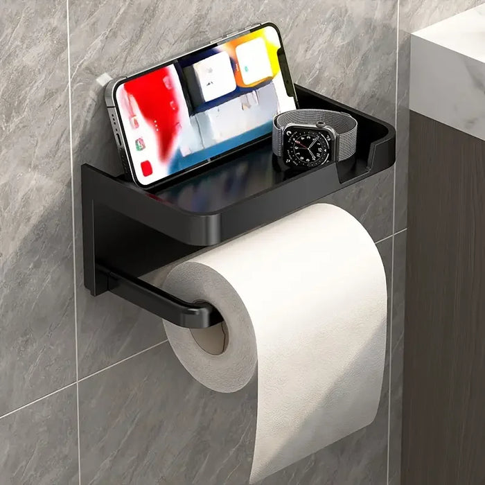 1 Pack Wall-Mounted No-Drill Toilet Paper Holder with Shelf and Phone Holder, Polypropylene Material, Bathroom Tissue Roll Dispe