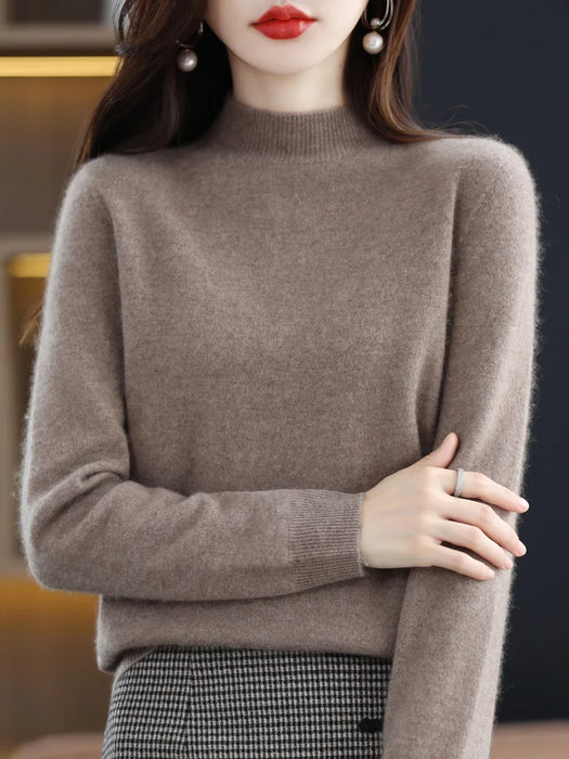 Fashion 100% Wool Sweater Women's Mock-Neck Knitwear Cashmere Pullovers Autumn Winter Long Sleeve Jumpers Clothing Tops