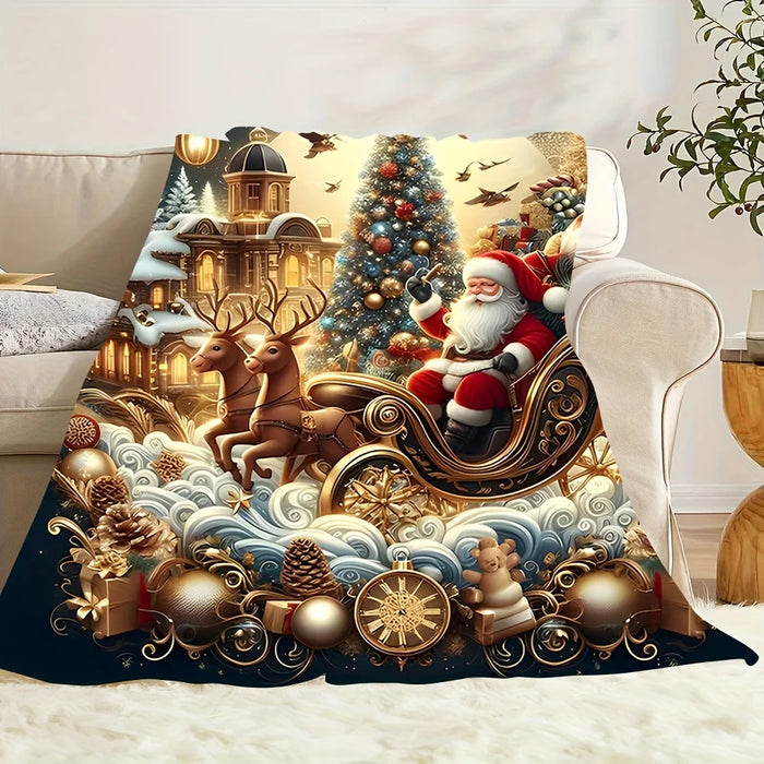 Christmas fleece blanket draped over a white armchair