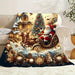 Christmas fleece blanket draped over a white armchair