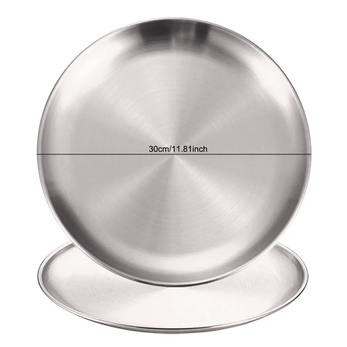 2Pcs Stainless Steels Round Silver Shallow Tray Plate Rust-Proof 14/17/20/23/26/30cm Camping Plate BBQ Picnic Dishes Cookware